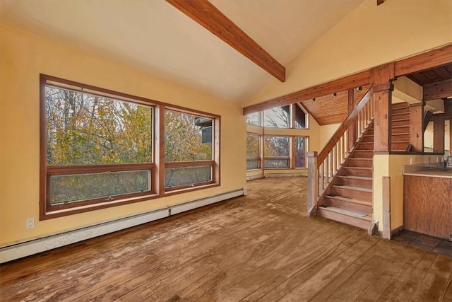 unfurnished living room with hardwood / wood-style floors, beam ceiling, high vaulted ceiling, and a baseboard heating unit