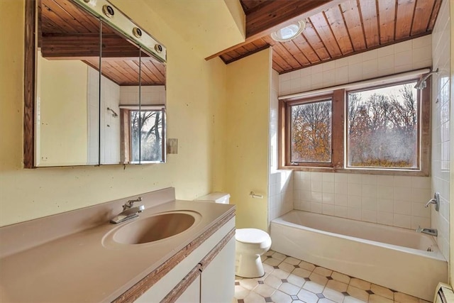 bathroom featuring vanity, a washtub, toilet, baseboard heating, and wood ceiling