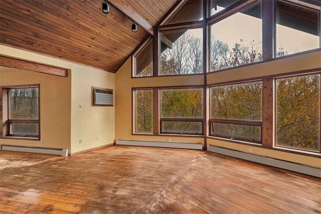 unfurnished sunroom with vaulted ceiling with beams, wooden ceiling, an AC wall unit, and a baseboard radiator