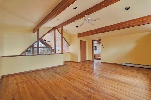 unfurnished living room with vaulted ceiling with beams, ceiling fan, light hardwood / wood-style flooring, and a baseboard heating unit