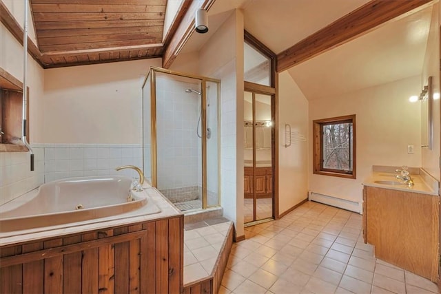 bathroom featuring vanity, tile patterned floors, vaulted ceiling with beams, shower with separate bathtub, and baseboard heating