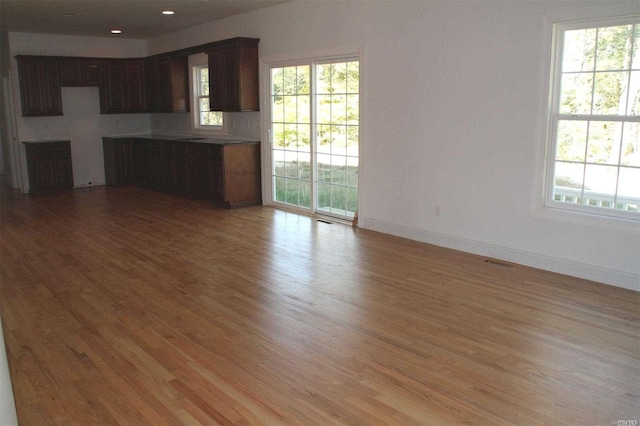 kitchen with dark brown cabinetry, a healthy amount of sunlight, and light hardwood / wood-style floors