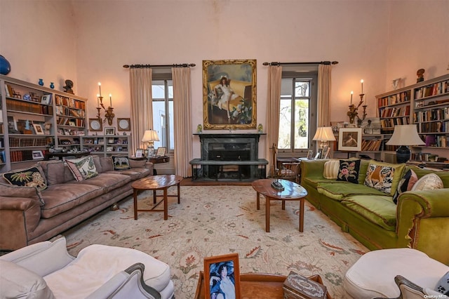 living room featuring hardwood / wood-style floors and a towering ceiling