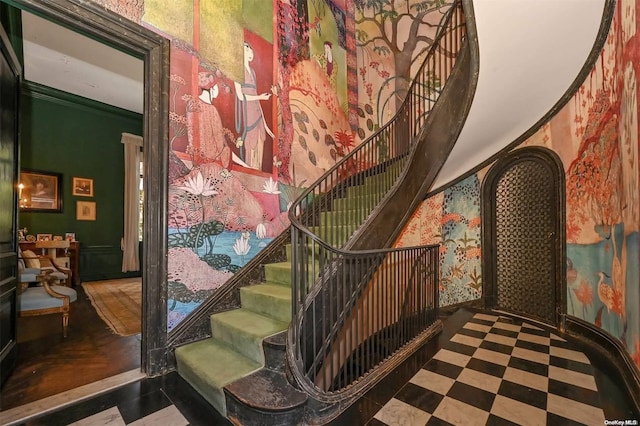 stairs with crown molding