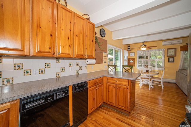 kitchen with dishwasher, an AC wall unit, light hardwood / wood-style flooring, ceiling fan, and kitchen peninsula