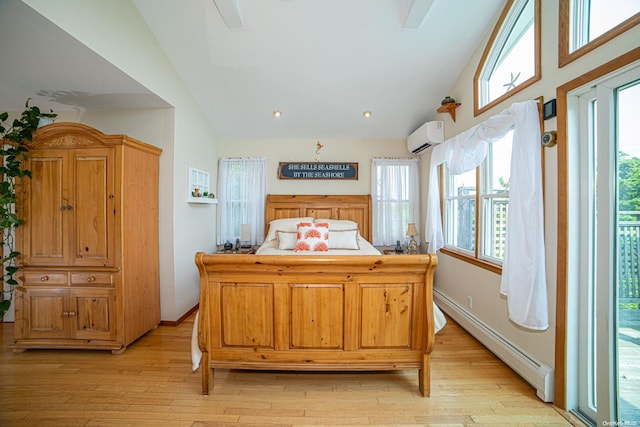 bedroom featuring multiple windows, access to outside, a wall unit AC, and baseboard heating