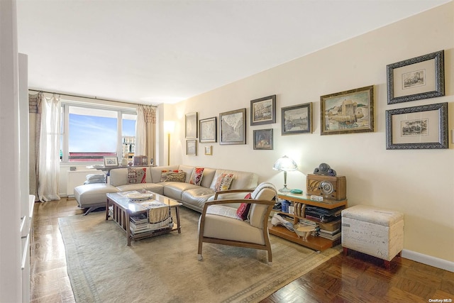 living room with parquet flooring