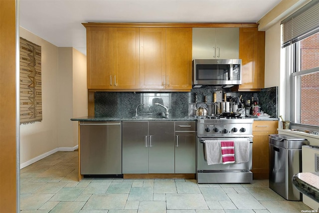 kitchen featuring backsplash, sink, dark stone counters, and stainless steel appliances