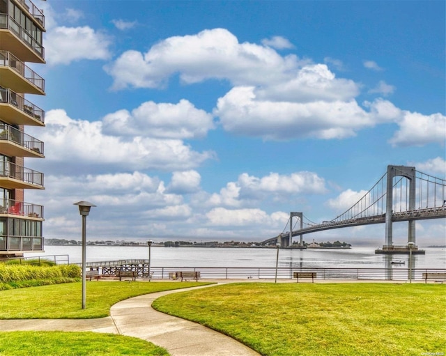 view of property's community featuring a water view and a yard