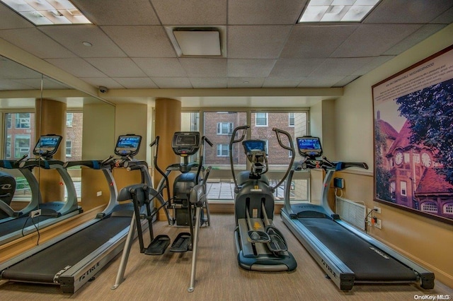 workout area with carpet flooring, a drop ceiling, and a wealth of natural light