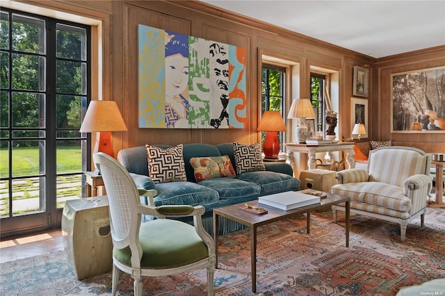 living room featuring wood walls