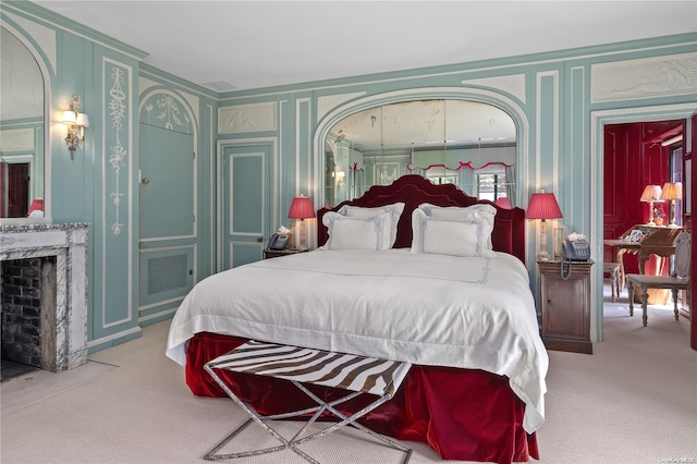 bedroom with light colored carpet