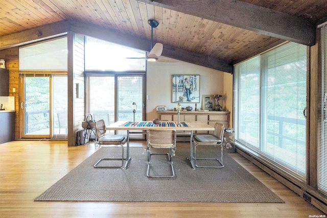 dining room featuring lofted ceiling with beams, light hardwood / wood-style flooring, and a wealth of natural light