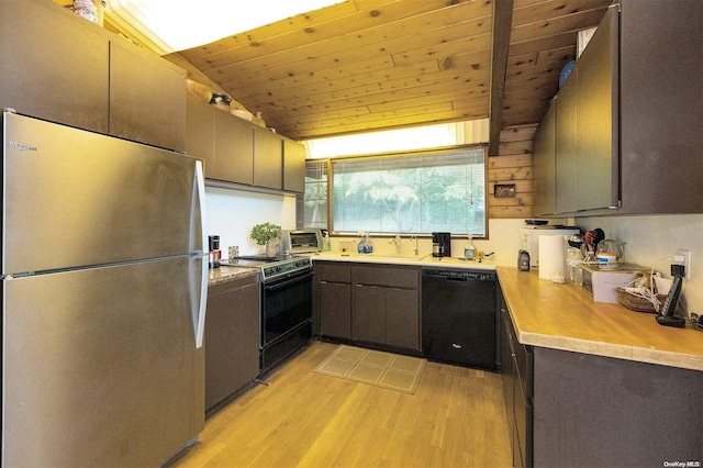 kitchen with light wood-type flooring, vaulted ceiling, wooden ceiling, and black appliances