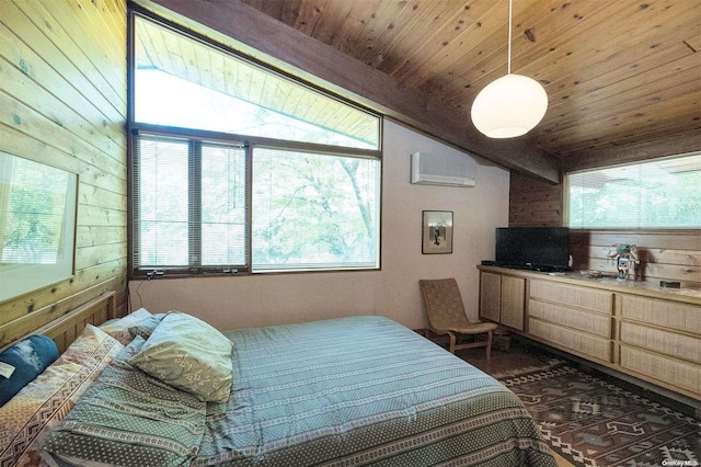 bedroom with wood ceiling, vaulted ceiling with beams, an AC wall unit, and wooden walls