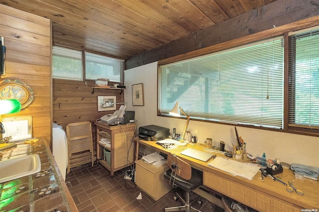 office area featuring wood ceiling and sink