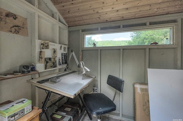 office area with wood ceiling and vaulted ceiling