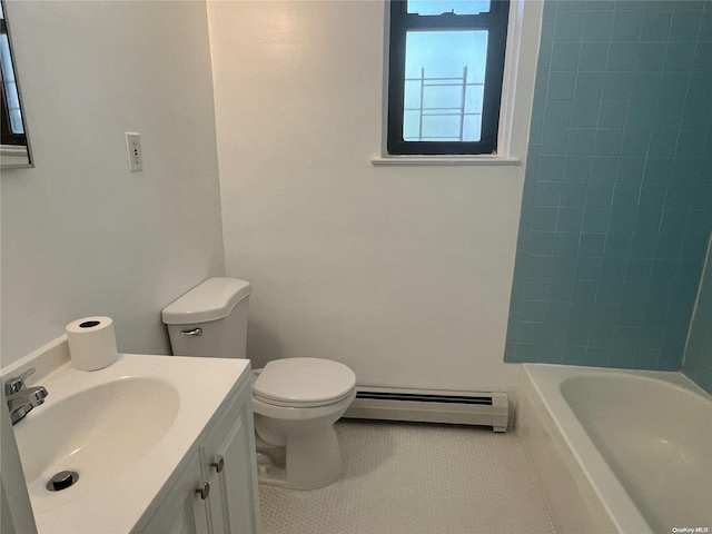 bathroom with tile patterned floors, vanity, a baseboard radiator, and toilet