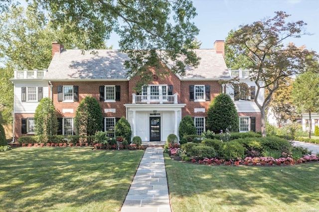 view of front of house with a balcony and a front lawn