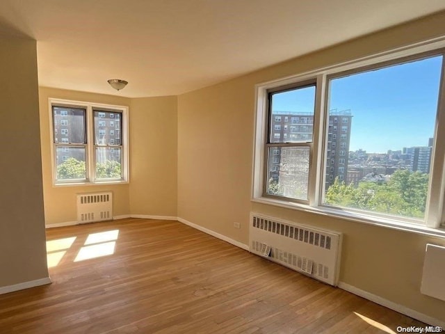 empty room with a wealth of natural light, radiator, and light hardwood / wood-style flooring