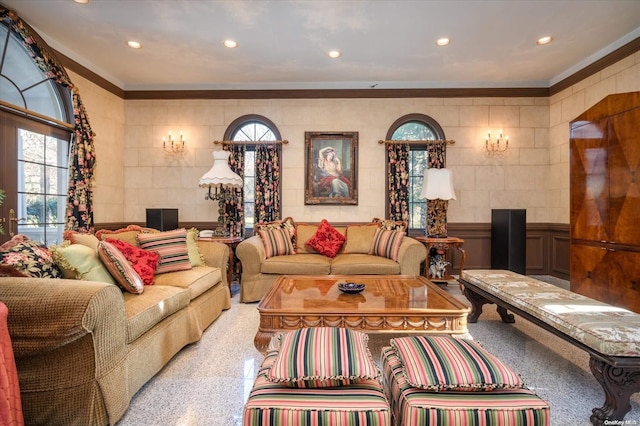 living room featuring ornamental molding