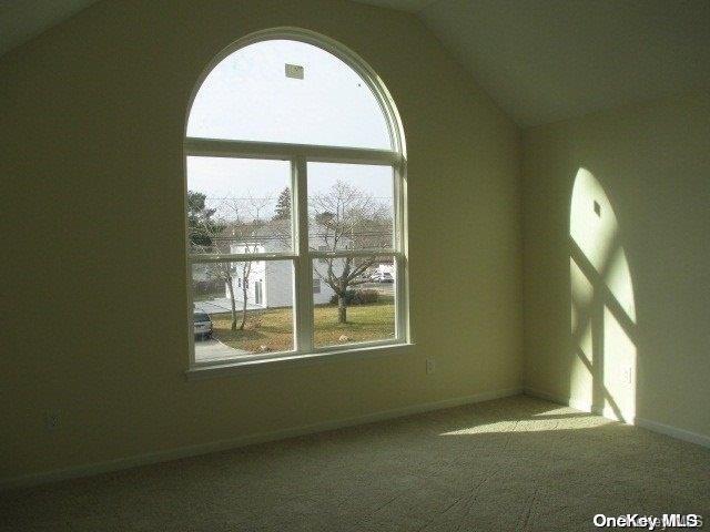 spare room featuring carpet flooring and vaulted ceiling