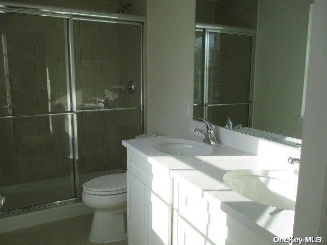 bathroom featuring vanity, toilet, and walk in shower