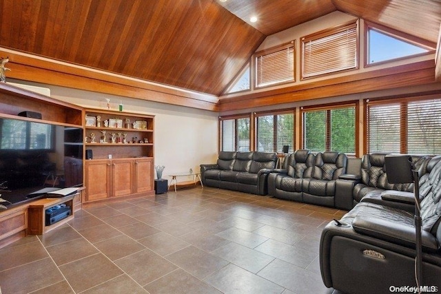 tiled living room featuring high vaulted ceiling and wood ceiling