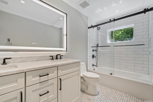 full bathroom featuring crown molding, combined bath / shower with glass door, vanity, and toilet