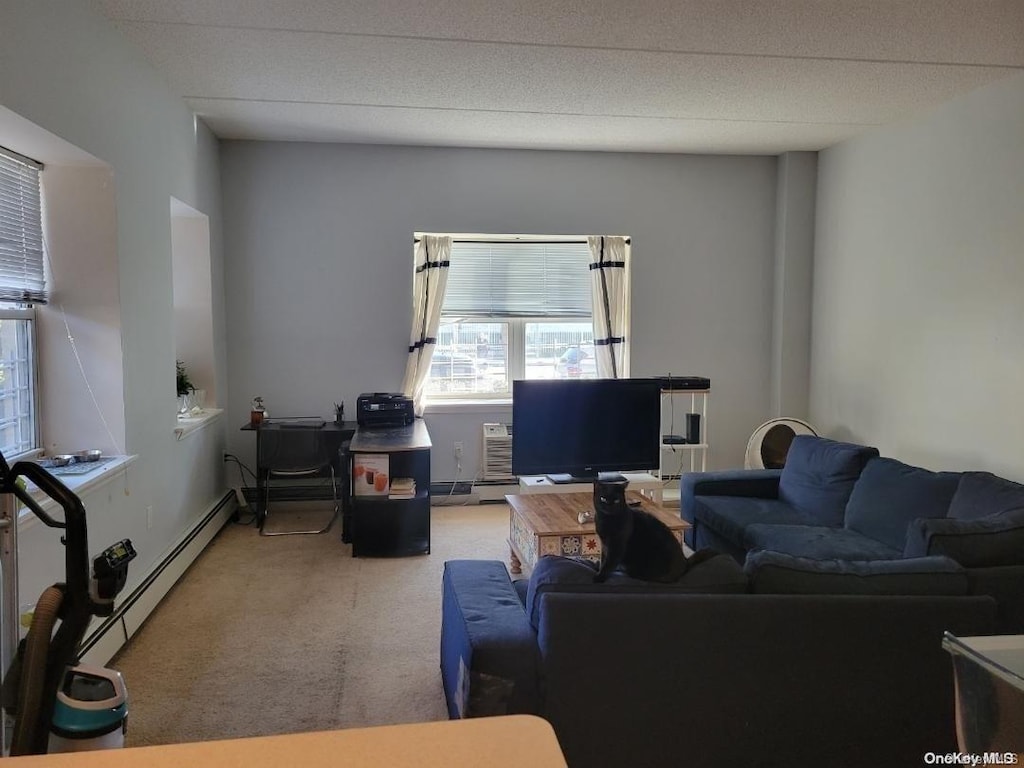 living room with carpet flooring and baseboard heating