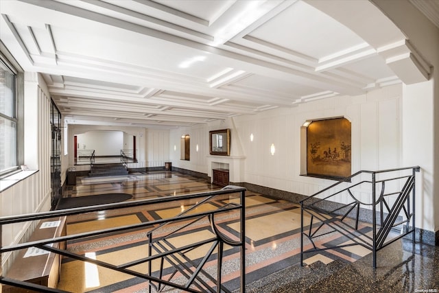 hall with coffered ceiling