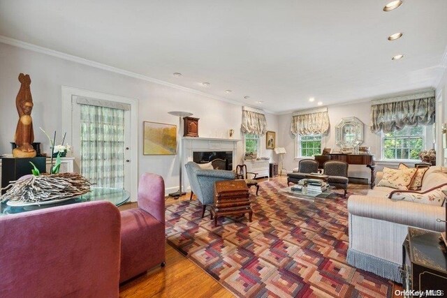 203 Albon Rd, Hewlett Harbor, NY 11557 - living area with crown molding, recessed lighting, and a glass covered fireplace