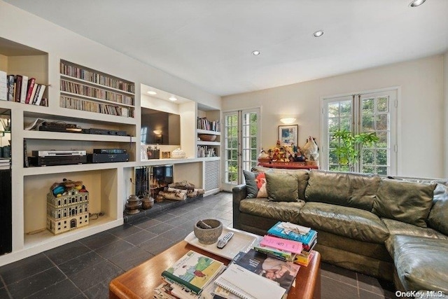 203 Albon Rd, Hewlett Harbor, NY 11557 - living room featuring built in shelves, recessed lighting, and tile patterned floors