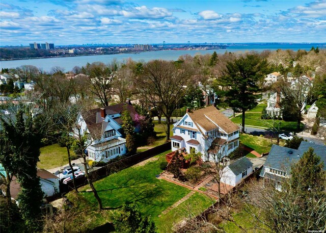 drone / aerial view featuring a water view