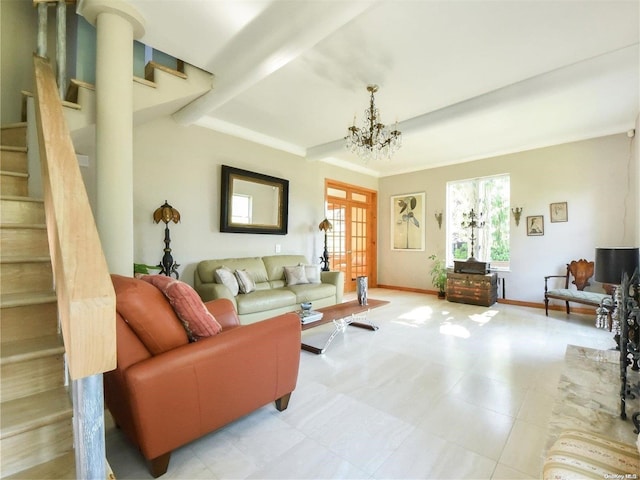 living room with a chandelier