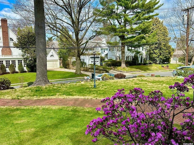 surrounding community with a lawn and a garage