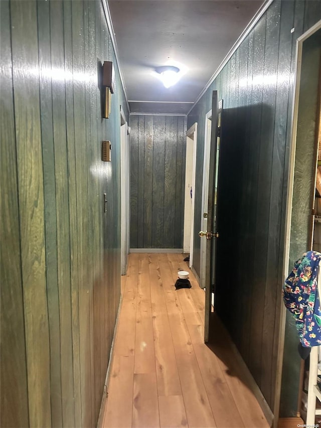 corridor featuring wooden walls, light hardwood / wood-style flooring, and ornamental molding