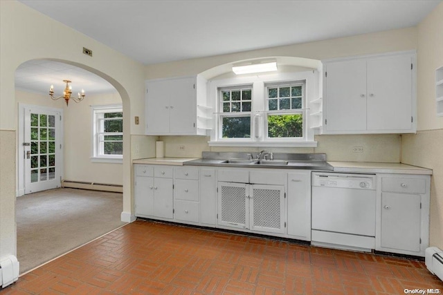 kitchen with white cabinetry, sink, white dishwasher, and a baseboard radiator