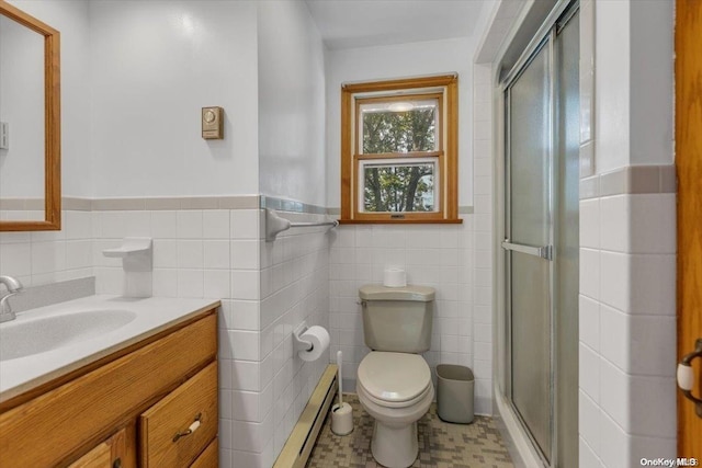 bathroom with toilet, baseboard heating, walk in shower, and tile walls