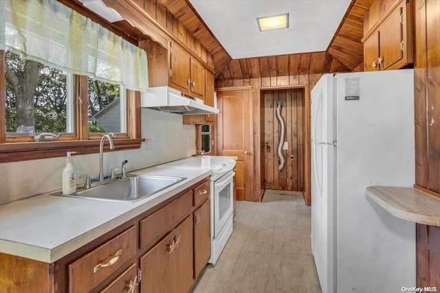 kitchen with wood ceiling, white appliances, wooden walls, sink, and lofted ceiling