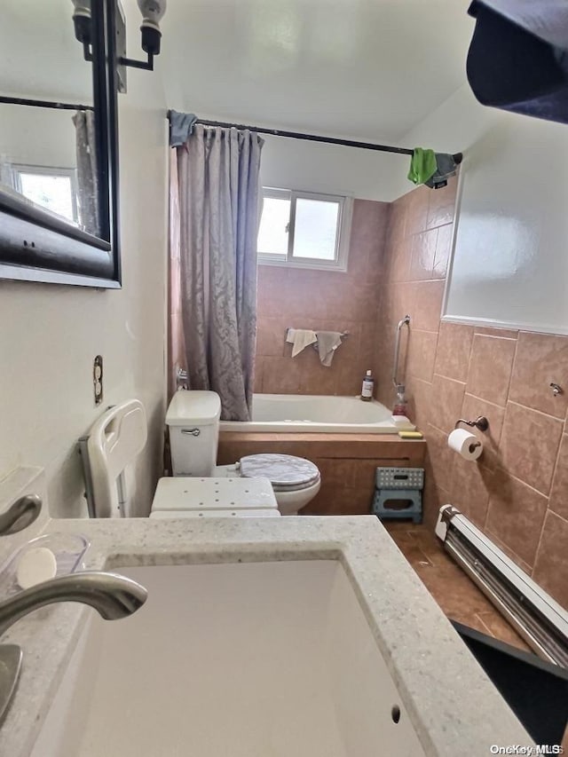 full bathroom featuring vanity, toilet, and shower / bathtub combination with curtain