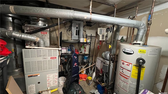 utility room featuring electric panel and gas water heater