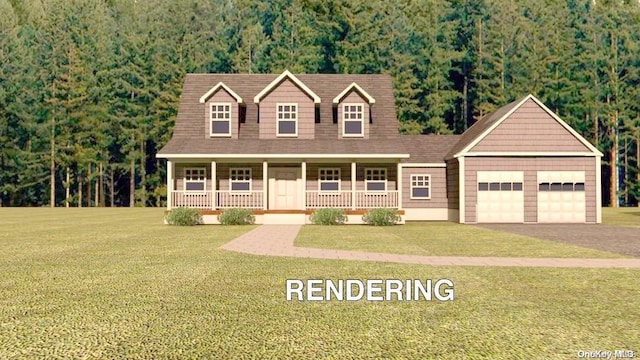 view of front of house with a front yard, a porch, and a garage