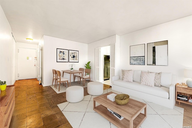 living room with parquet flooring