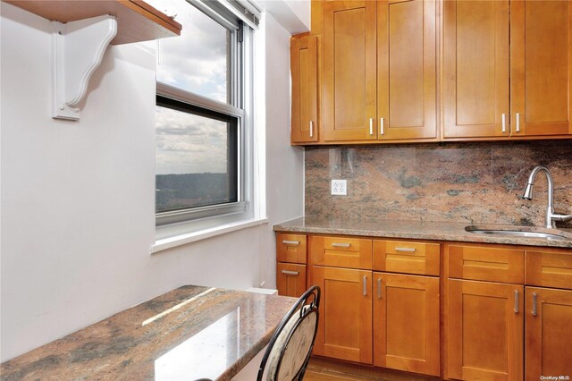 kitchen featuring light stone countertops, decorative backsplash, and sink