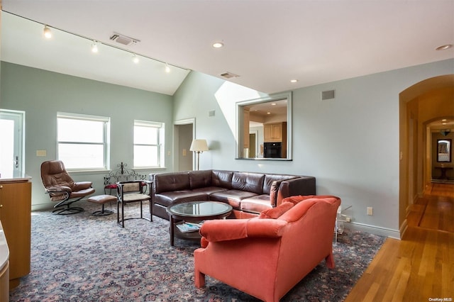 living room with dark hardwood / wood-style flooring and lofted ceiling