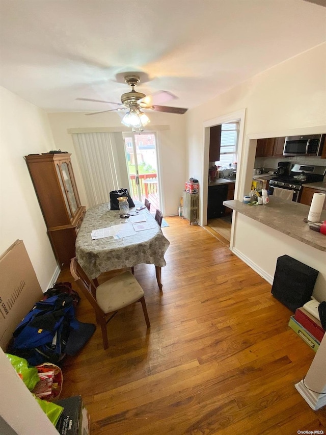 dining area with ceiling fan and light hardwood / wood-style flooring