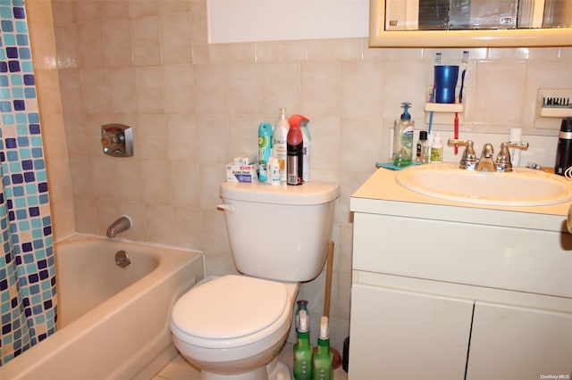 full bathroom featuring shower / tub combo with curtain, toilet, tile walls, and tasteful backsplash