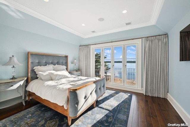 bedroom with access to outside, a water view, vaulted ceiling, ornamental molding, and dark hardwood / wood-style flooring