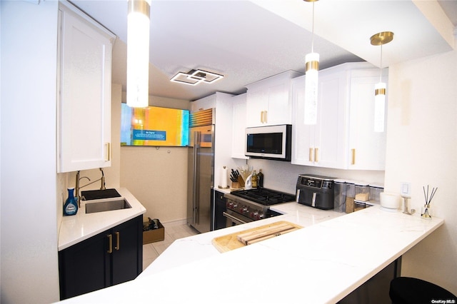 kitchen featuring pendant lighting, sink, kitchen peninsula, premium appliances, and white cabinetry